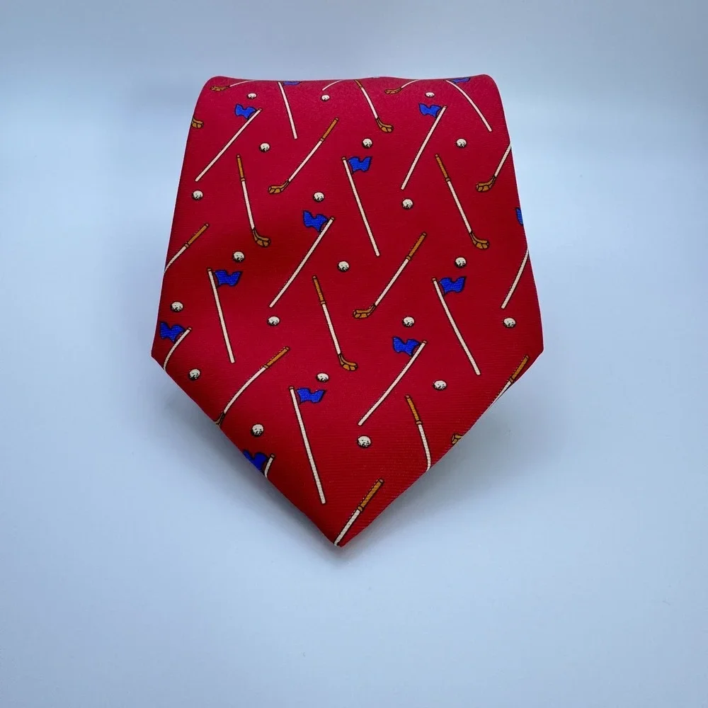 LANVIN Paris Men's Silk Red Tie Golf Club Print Sports Made in France 3¾″ × 60½″